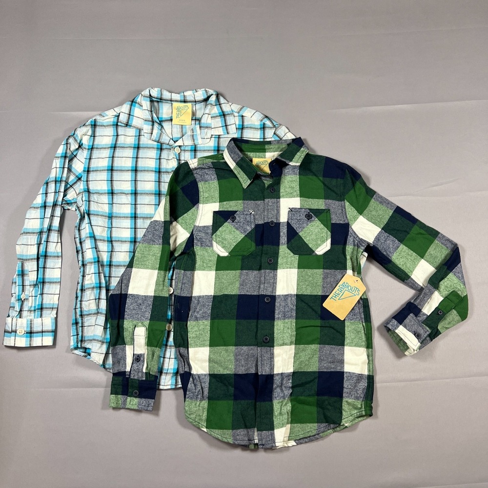 Set Of 2 Thereabouts Flannel Shirt Boy M 10-12 Multicolor Plaid Cotton Button Up